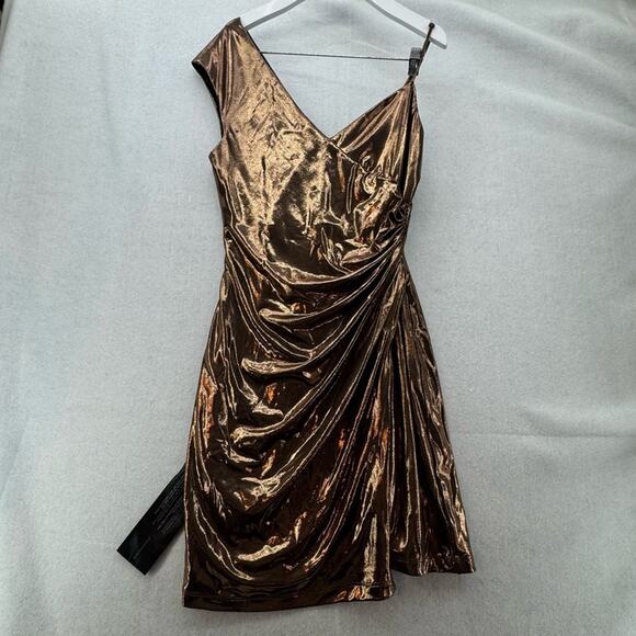 BCBGMaxAzria Dresses & Skirts - NWT BCBG Maxazria One Shoulder Rose Gold Metallic Rouched Dress size Small